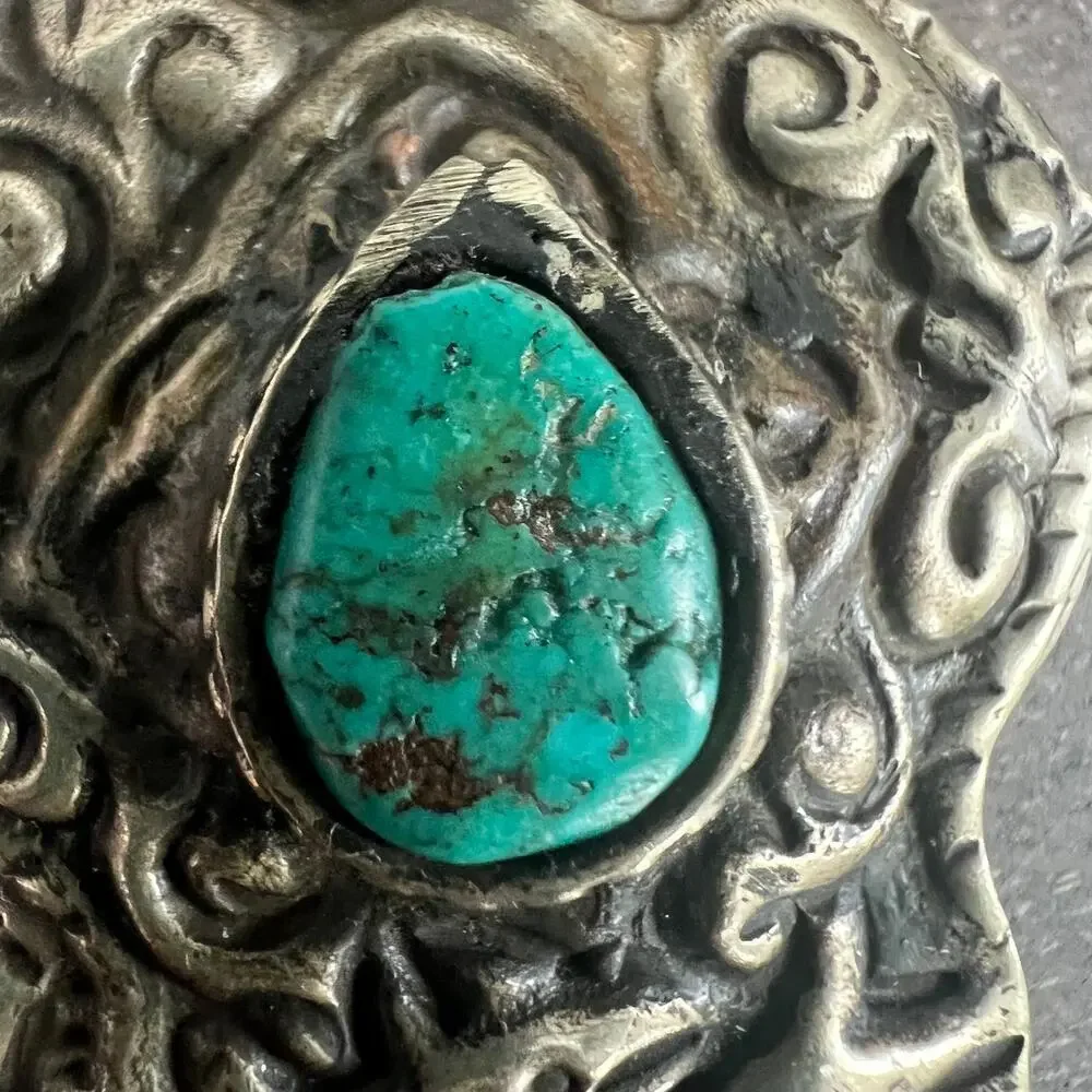 Vintage silver pendant necklace with turquoise stone - intricate animal design